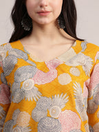 Aavyora Women Yellow Floral Printed Kurta with Striped Pants & Dupatta Set | Grocsy