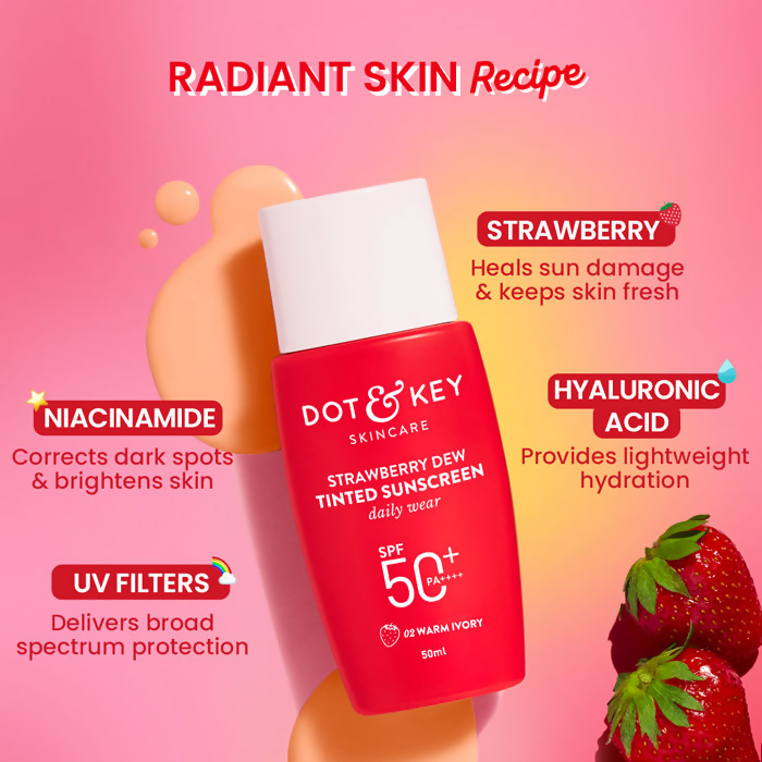 Dot & Key Strawberry Dew Tinted Sunscreen SPF 50+ PA++++ - 02 Warm Ivory | Grocsy