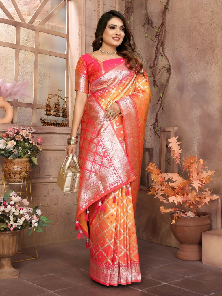 Anaita Orange kochi Silk With Beautiful Checks Weaving Saree With Blouse | Grocsy