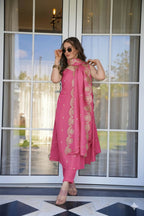 The52 Peach Women's Viscose Zari Chanderi Fabric Embroidered Work Straight Kurta, Pant and Dupatta Set | Grocsy