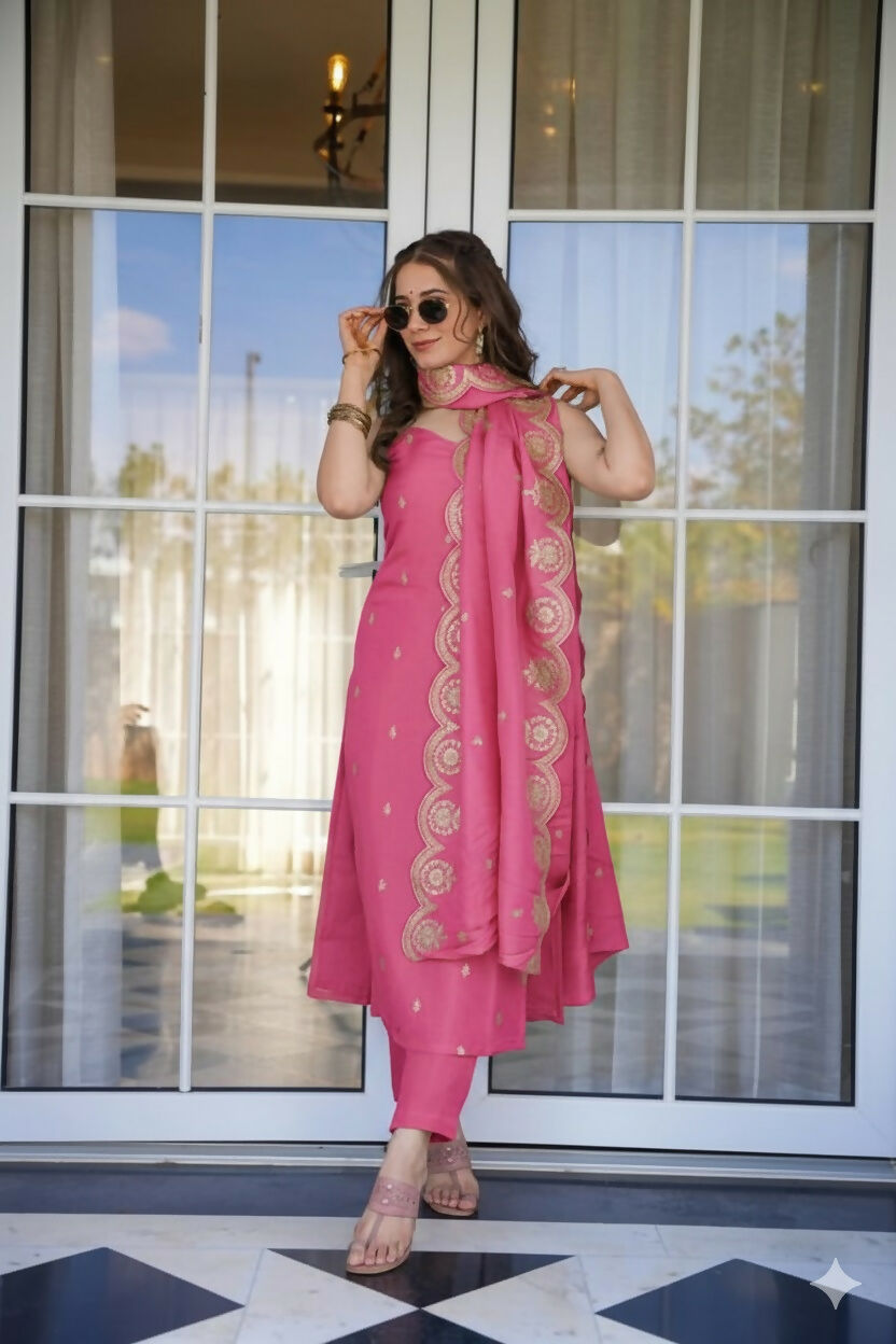 The52 Peach Women's Viscose Zari Chanderi Fabric Embroidered Work Straight Kurta, Pant and Dupatta Set | Grocsy