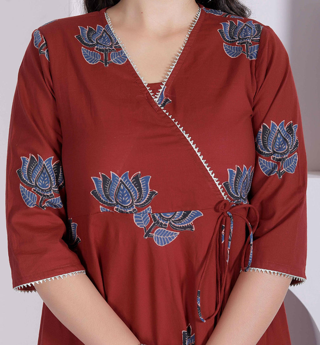 Miravan Womens Rust Floral Printed Pure Cotton Gota Patti Angrakha Kurta | Grocsy