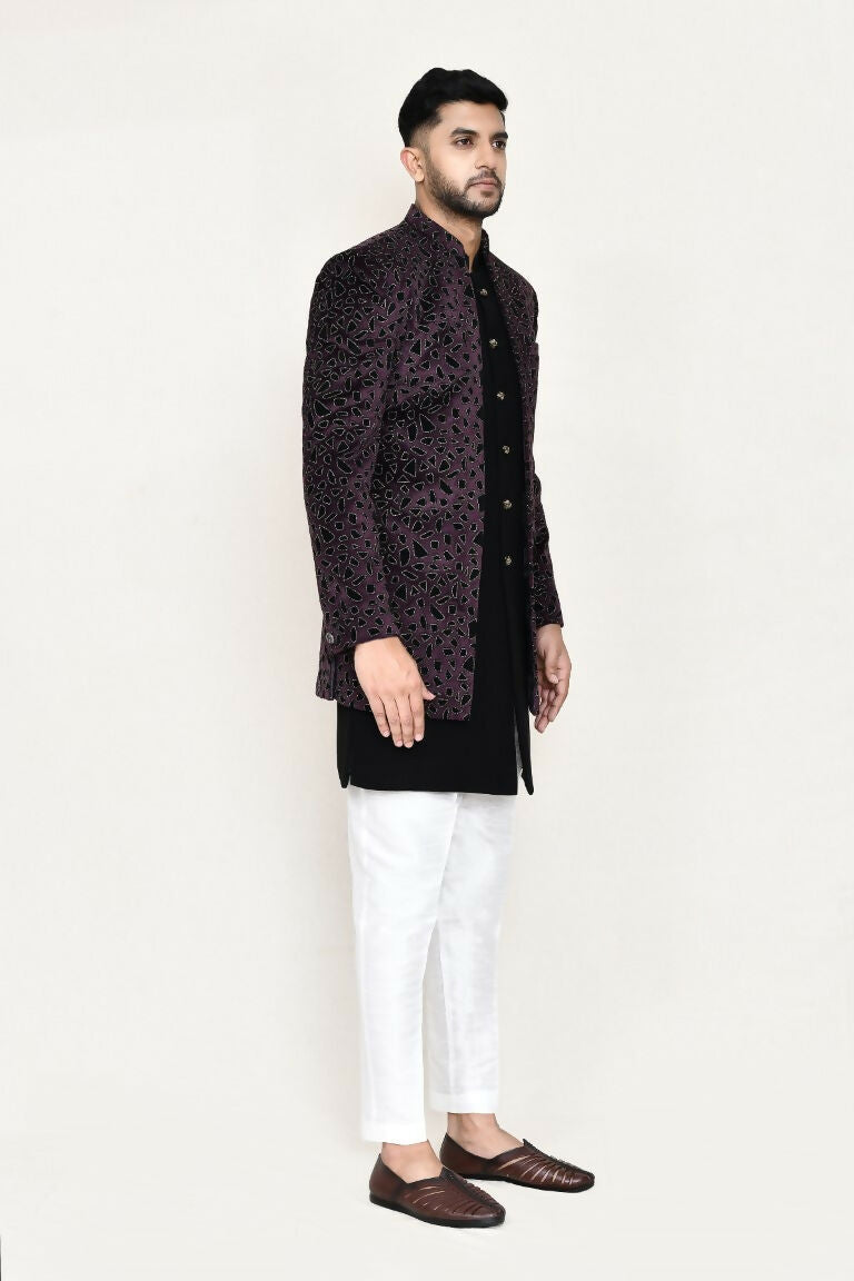 Joban Fashion Black Colored Velvet Based With Aplics Fabric Open Jacket, Indo Western With Pant | Grocsy