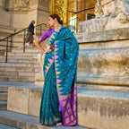 Navy Blue Handloom Khaddi Silk Saree With Contrast Pallu & Blouse - Rajtex Khwaab Silk | Grocsy