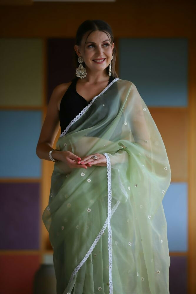 Vamsee Manbhari Green Organza Saree | Grocsy