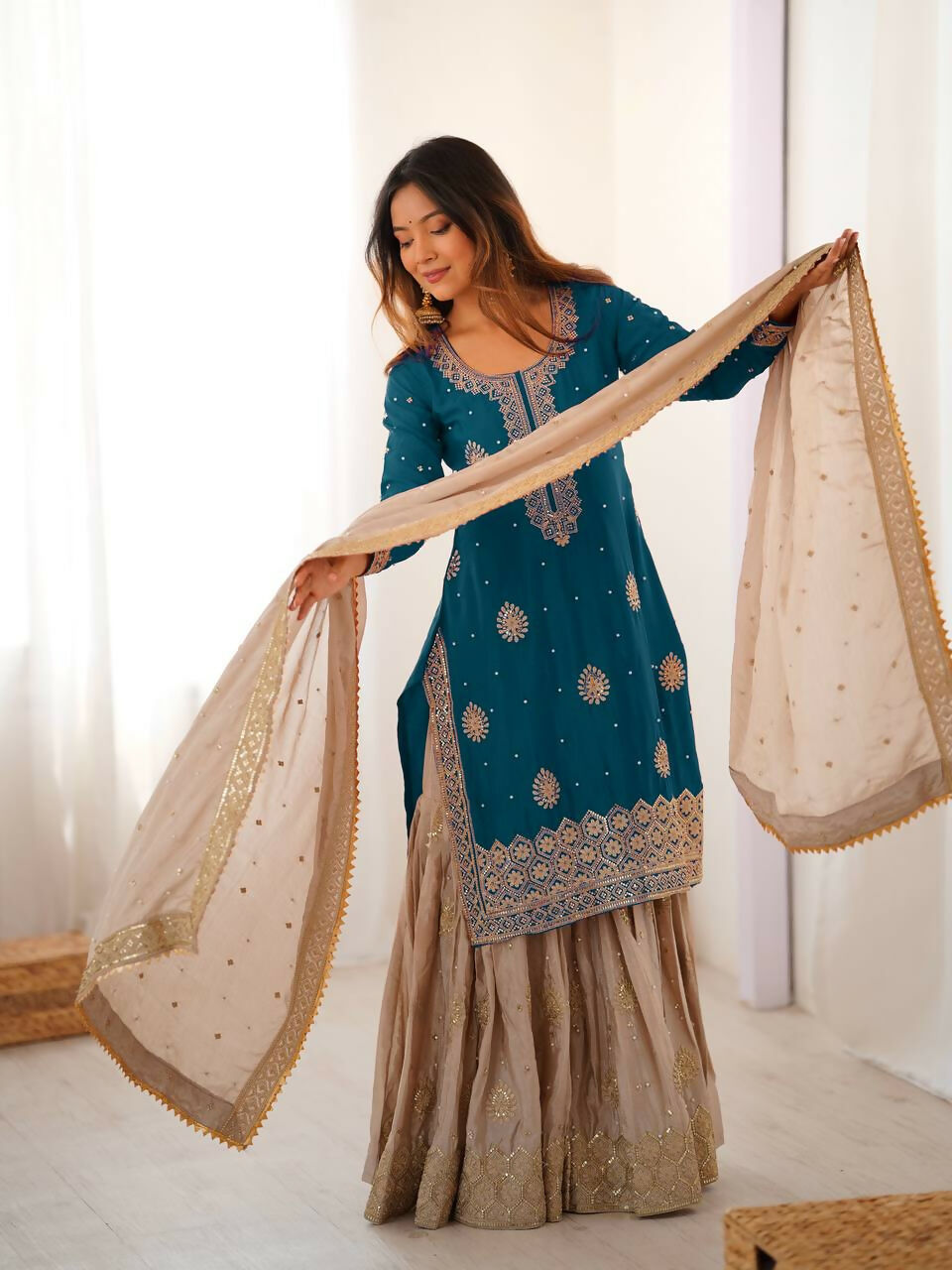 Lehenga Mart Designer Sharara Suit With Kurta, Sharara, Dupatta For Women-Teal Blue | Grocsy