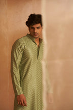Pastel Green Viscose Embroidery Work Men's Kurta Set - Mahotsav | Grocsy