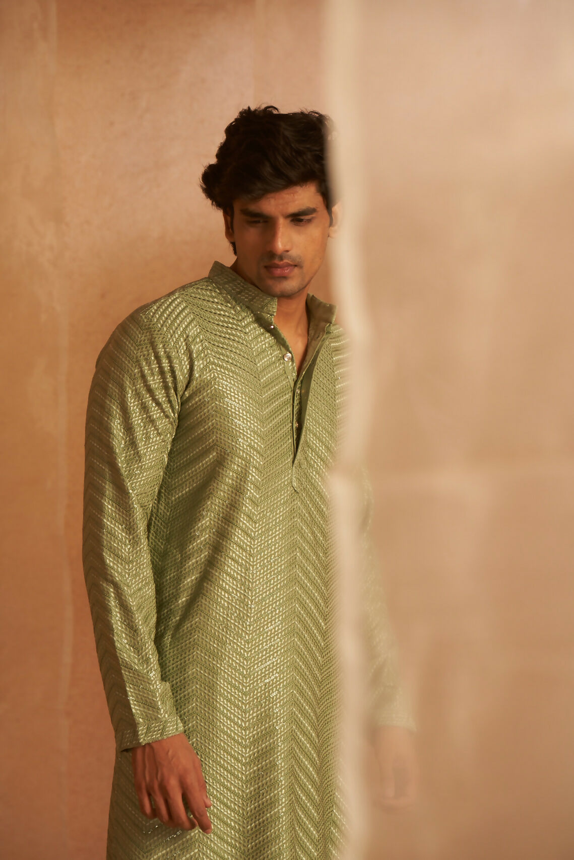 Pastel Green Viscose Embroidery Work Men's Kurta Set - Mahotsav | Grocsy