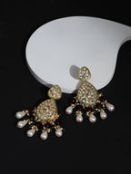 Gold-Toned White Kundan Contemporary Gold-Polished Jhumkas Earrings - Ruby Raang | Grocsy