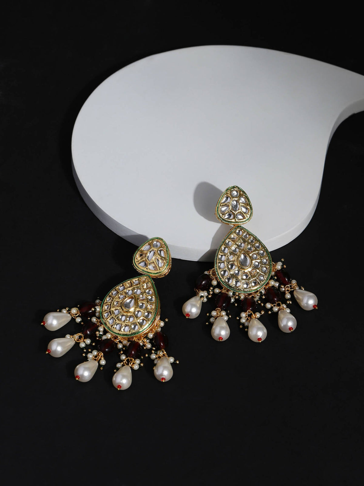 Gold-Toned White Kundan Contemporary Gold-Polished Jhumkas Earrings - Ruby Raang | Grocsy