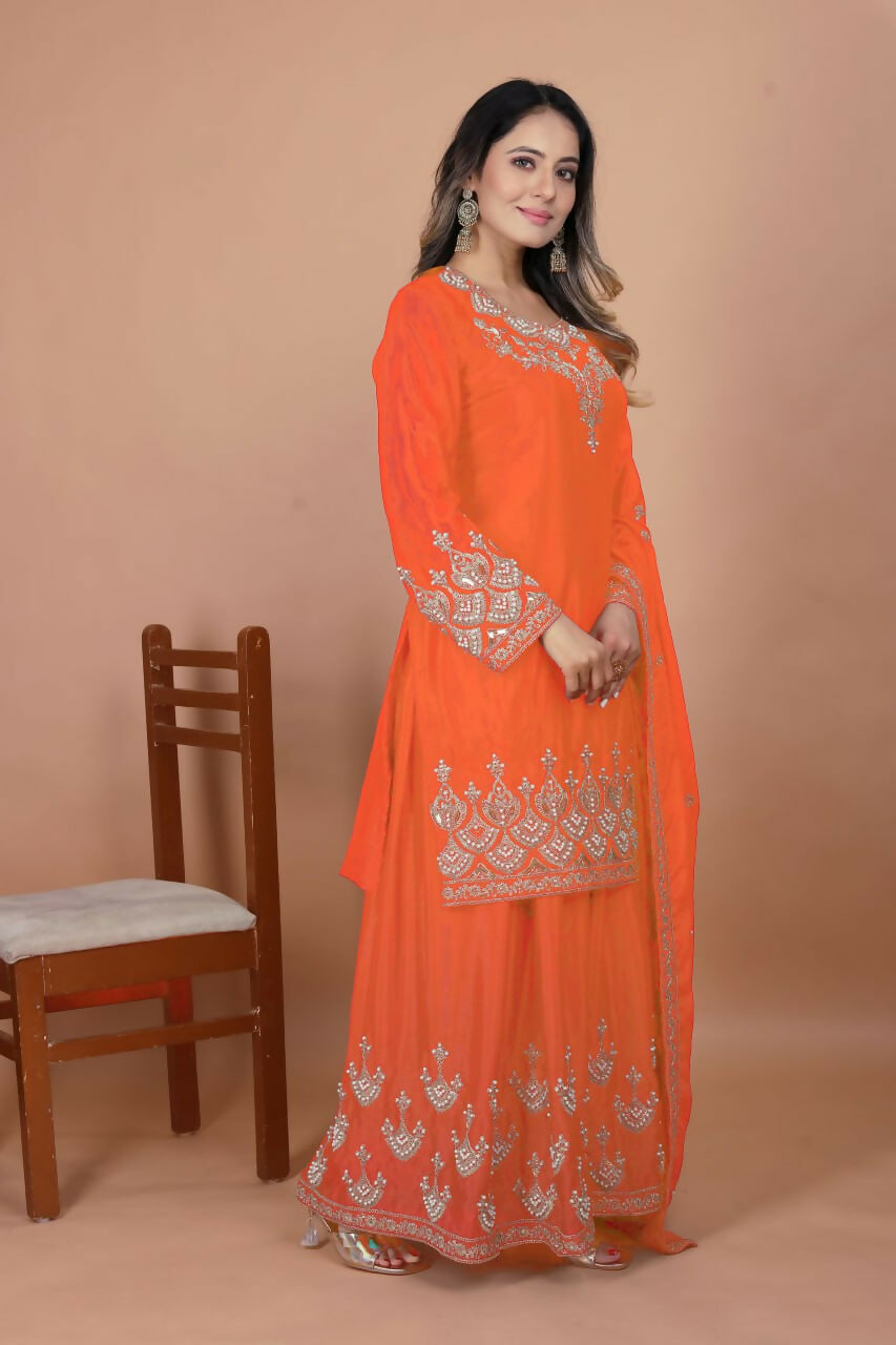 Joban Fashion Orange Silk Embroidered Sharara Set | Grocsy