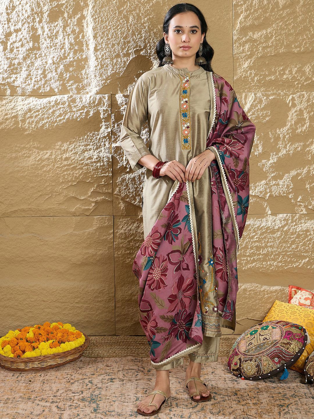 Indo Era Women Floral Embroidered Regular Thread Work Kurta with Trousers & Dupatta | Grocsy