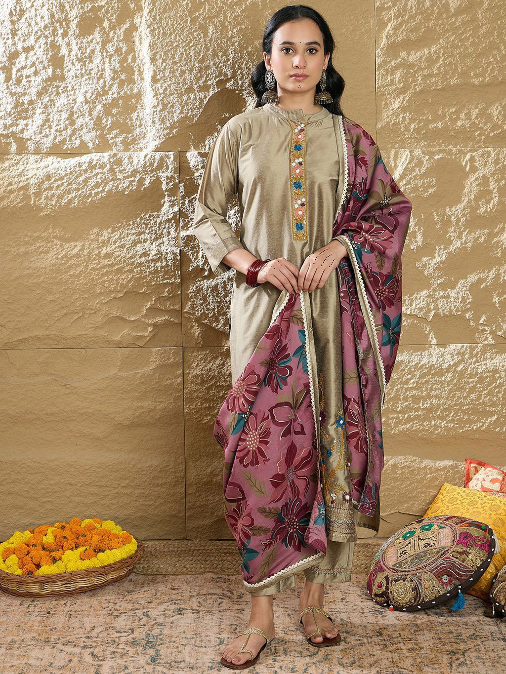 Indo Era Women Floral Embroidered Regular Thread Work Kurta with Trousers & Dupatta | Grocsy