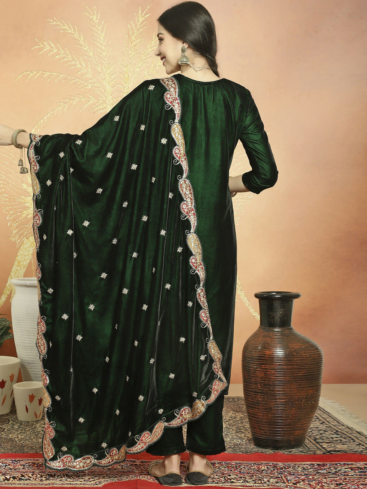 Jyoti Fashion Women's Green Velvet Cording with Resham Thread & Sequin Kurta with Trouser & Dupatta | Grocsy