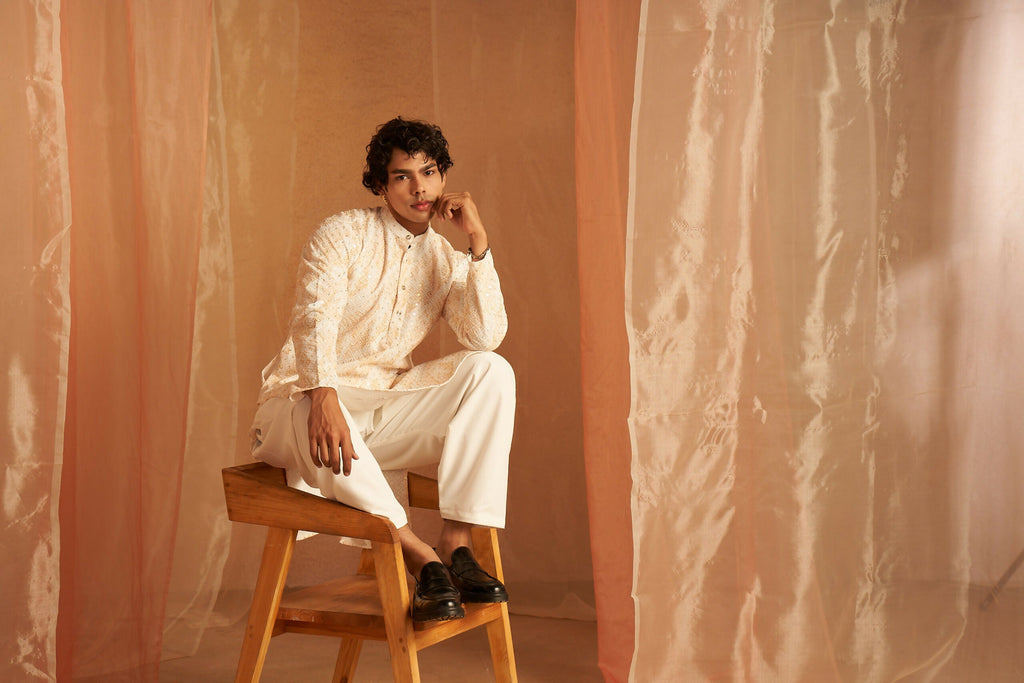 Yellow Viscose Chikankari Embroidery Work Men's Kurta Set - Mahotsav | Grocsy