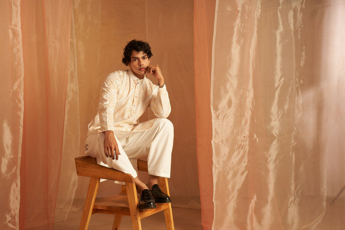 Yellow Viscose Chikankari Embroidery Work Men's Kurta Set - Mahotsav | Grocsy