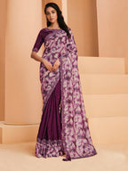 Purple Satin Crepe Silk Sequence Embroidered Saree With Unstitched Blouse - Mohmanthan Yavanika | Grocsy