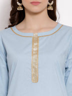 Myshka Women's Blue Cotton 3/4 Sleeve Round Neck Solid Casual Kurta Pant Dupatta Set | Grocsy