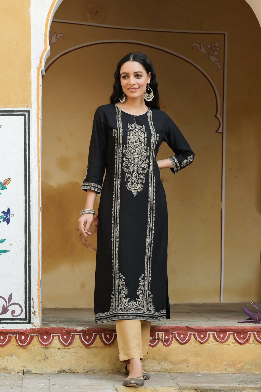 Juniper Women's Black Rayon Printed Straight Kurta | Grocsy