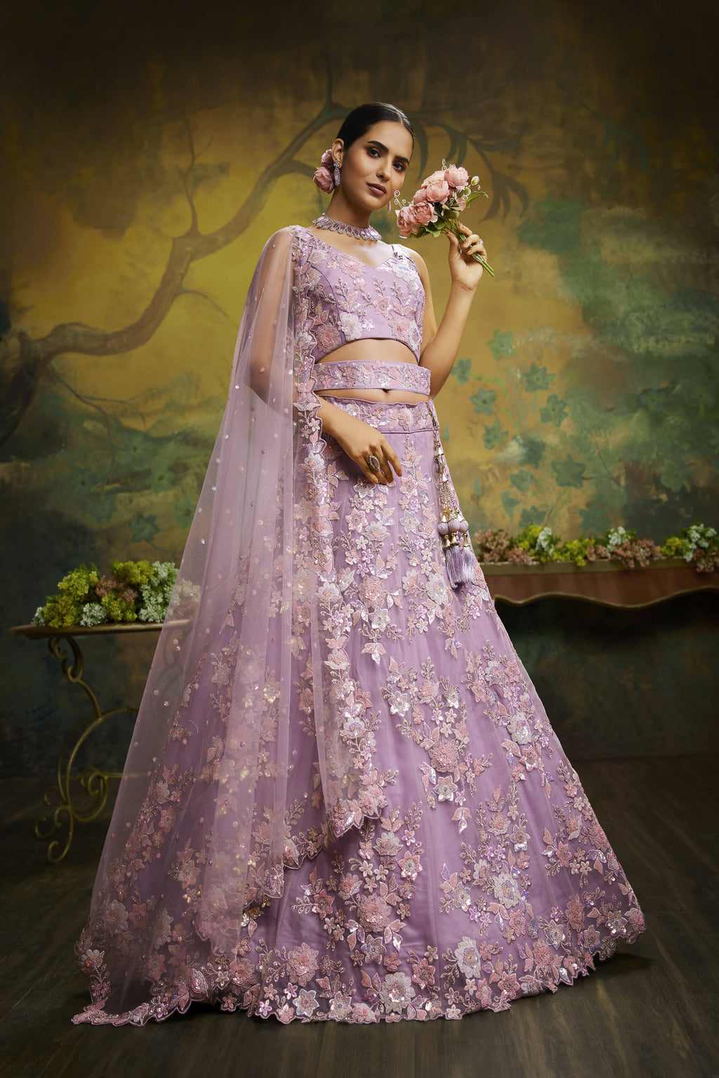 House of Panchhi Mauve Net Sequins with heavy Zarkan embroidery Lehenga choli & Dupatta | Grocsy
