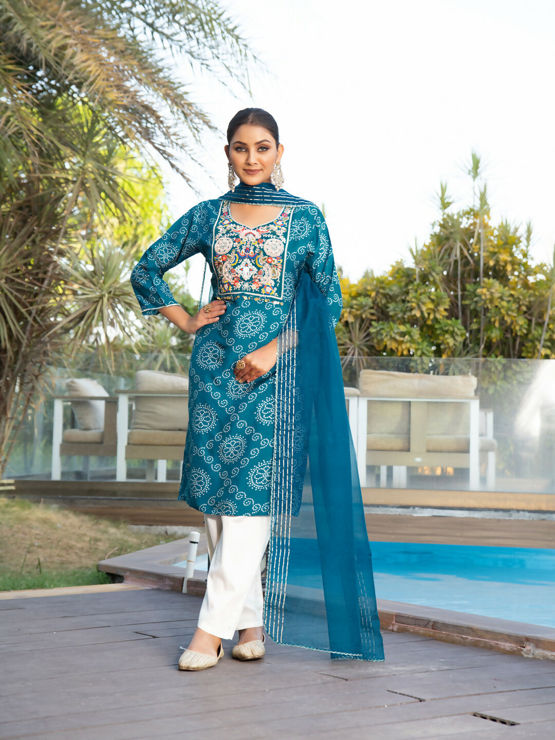 Joban Fashion Blue Cotton Premium Pure Viscose Print Dola With Handwork Kurta set | Grocsy