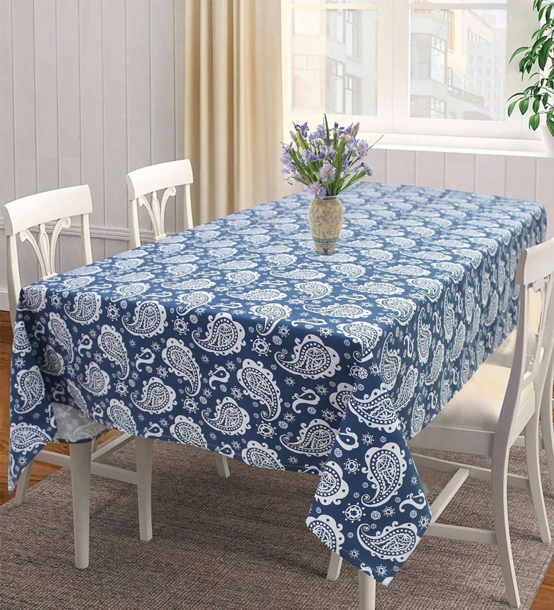 AIRWILL 100% Cotton Self Designed 4 Seater Table Cloth - Blue | Grocsy