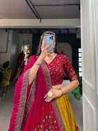 Vastranavya Kashmiri Print With Foil Print Lehenga with Unstitched Printed Blouse - Mustard | Grocsy