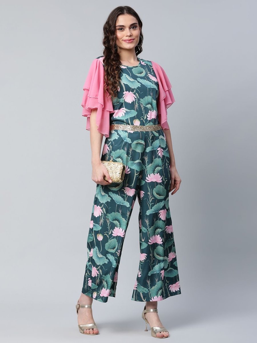 Ahalyaa Women's Dark Green Crepe Printed Jumpsuit | Grocsy