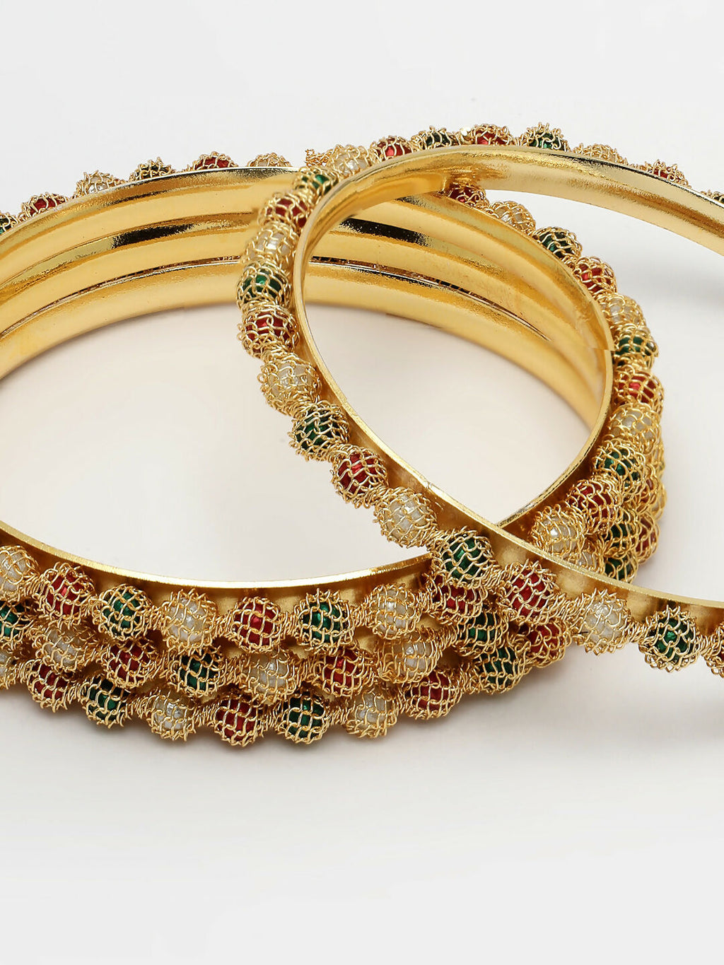 NVR Women's Set of 4 Gold-Polished Beads Handcrafted Traditional Bangles