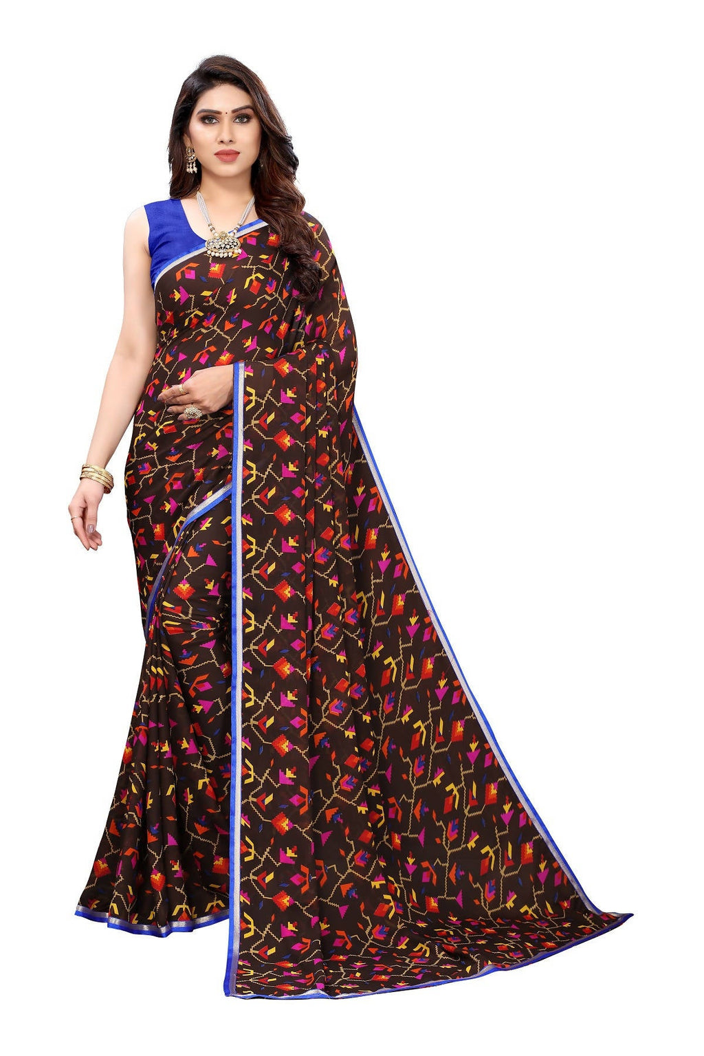 Vamika Beautiful Ethnic Fire Brown Printed With Lace Saree | Grocsy