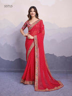 Red Georgette Bandhani Printed,Embroidery Work Saree - Surkhi | Grocsy