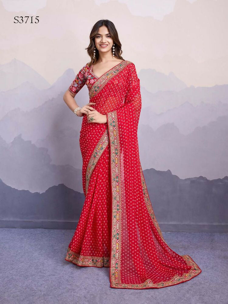 Red Georgette Bandhani Printed,Embroidery Work Saree - Surkhi | Grocsy