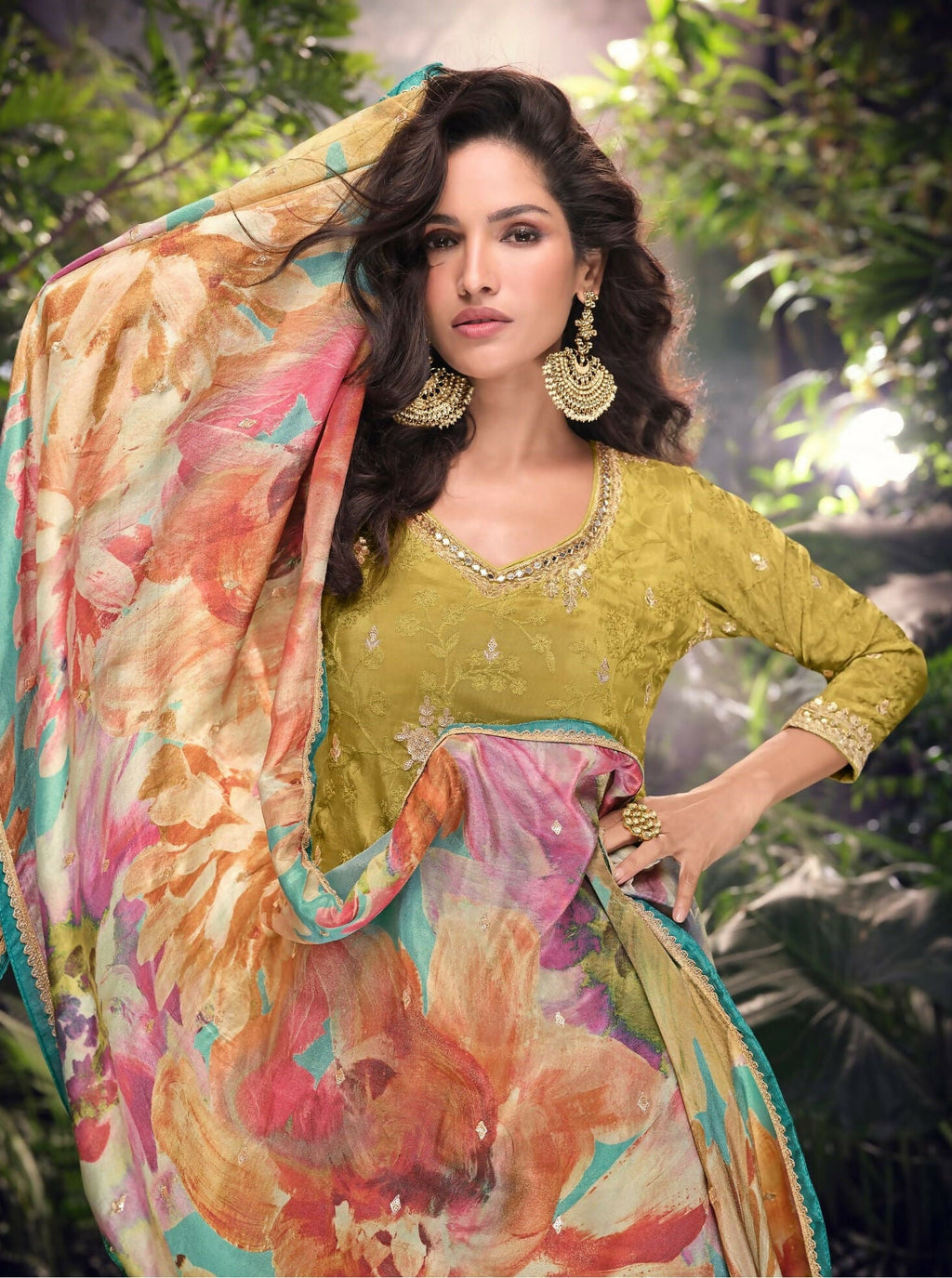 Anaita Mustard Embroidered Shimmer Stitched Plazo suit | Grocsy