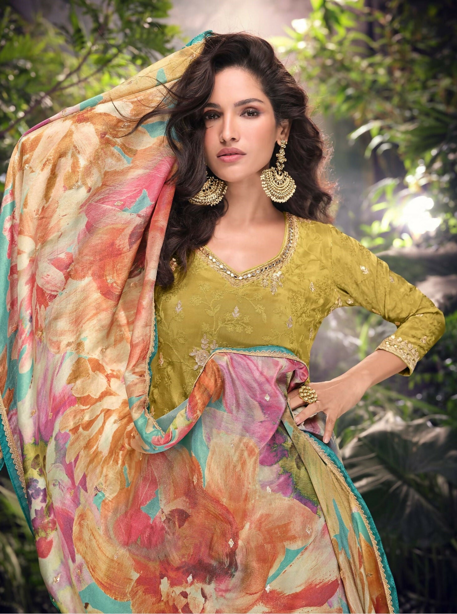 Anaita Mustard Embroidered Shimmer Stitched Plazo suit | Grocsy
