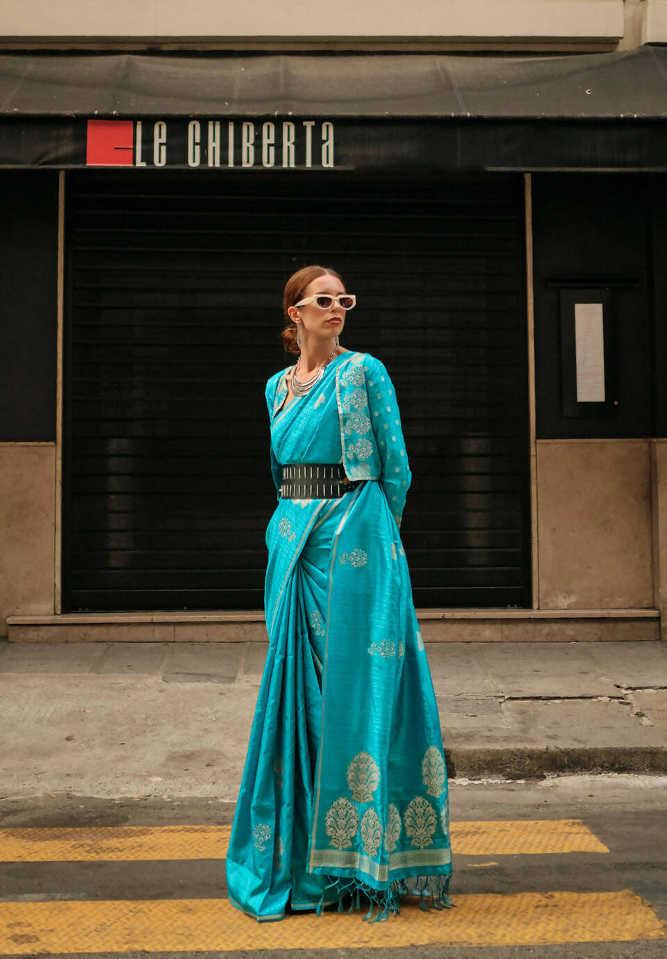 Firozi Blue Weavead Thread & Zari Work, Handloom Weaving Banarasi Satin Silk Saree - Rajtex Kronicle Silk | Grocsy