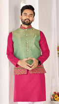 Anaita Green Cotton Straight Kurta Pajama & Koti With Jequard Work | Grocsy