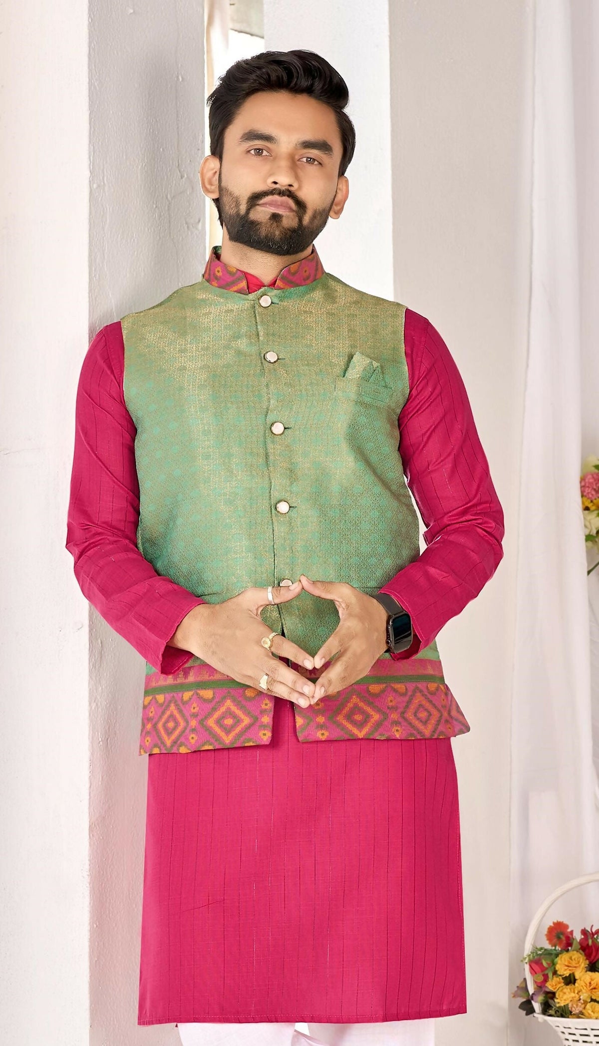 Anaita Green Cotton Straight Kurta Pajama & Koti With Jequard Work | Grocsy