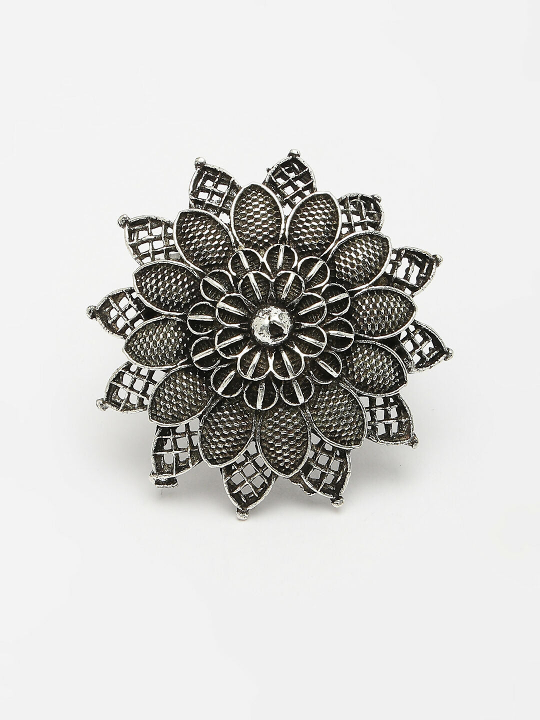 NVR Women's Silver-Toned Floral Shape Adjustable Finger Ring | Grocsy