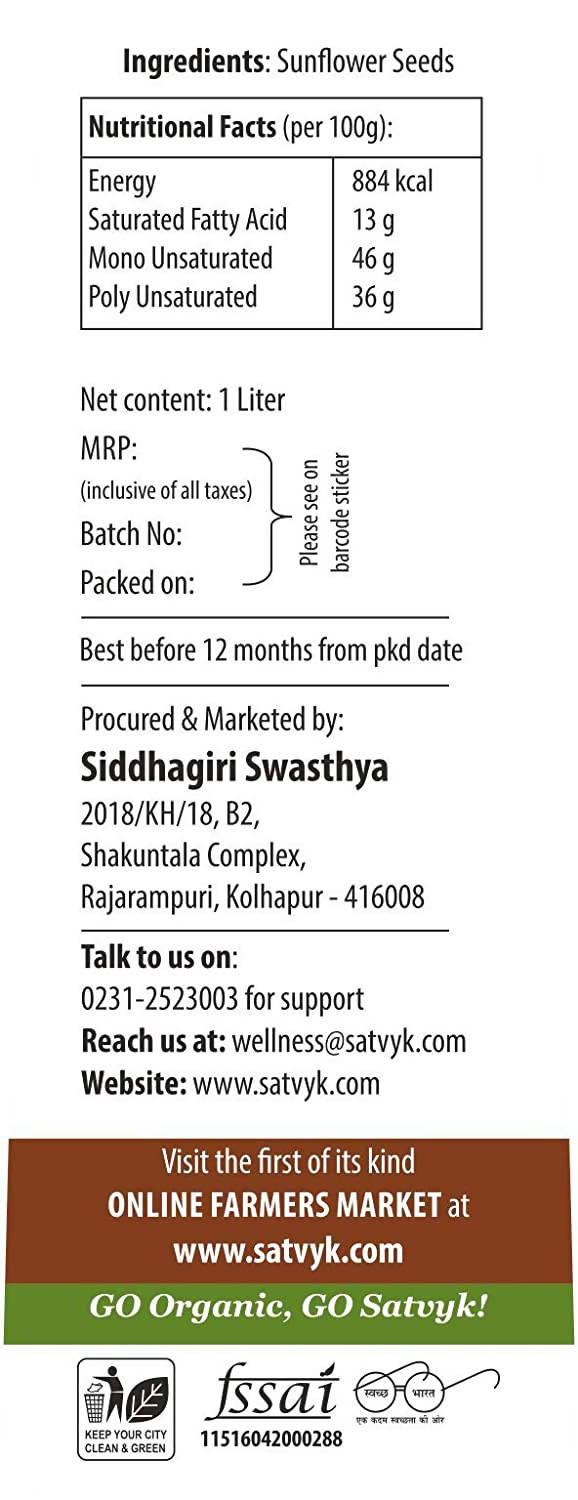Siddhagiri's Satvyk Organic Wood Pressed Sunflower Oil | Grocsy
