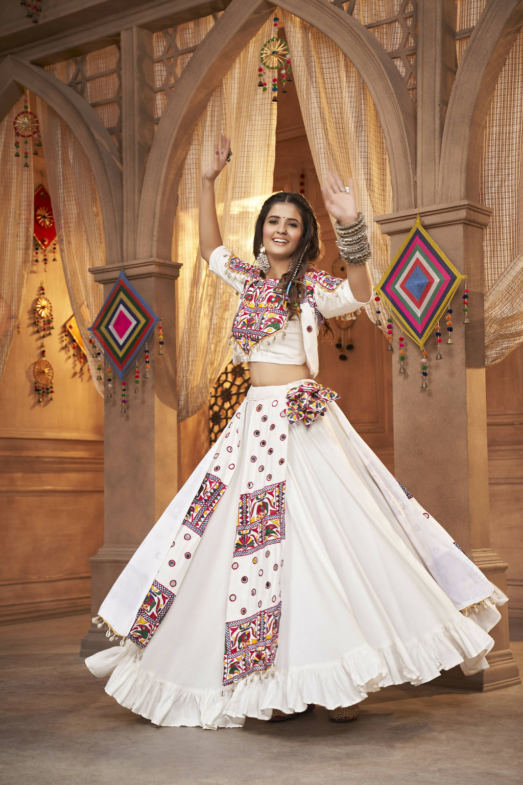 White Viscose Rayon Thread Embroidered Work With Mirror All Over Navratri Lehenga Choli With Dupatta - Raas | Grocsy