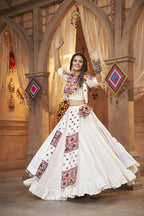 White Viscose Rayon Thread Embroidered Work With Mirror All Over Navratri Lehenga Choli With Dupatta - Raas | Grocsy