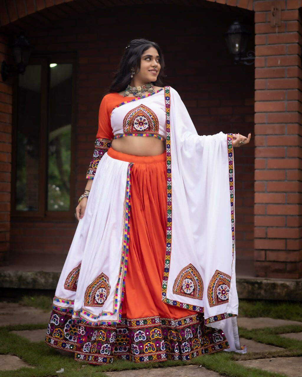 Yash Enterprise Orange Rayon Cotton Embroidery Semi Stitched Navratri Top Chaniya Choli | Grocsy