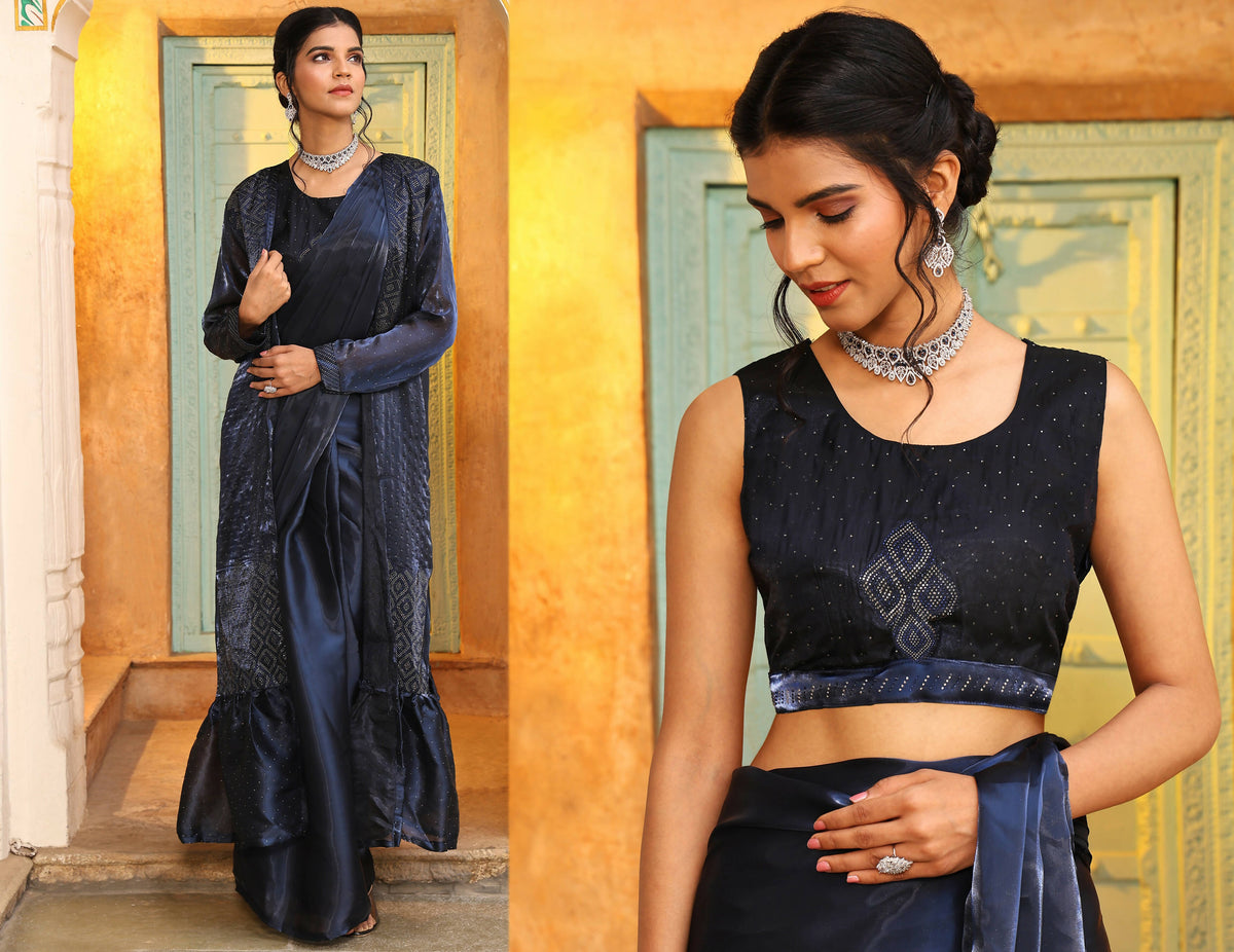 Navy Blue Tom Silk Plain Ready To Wear Saree With Stitched Blouse - Satiksha | Grocsy