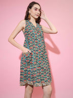 Myshka Women's Green Floral Printed A-Line Dress | Grocsy