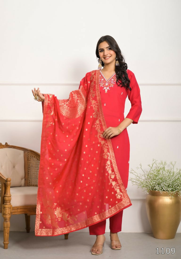 Festive Wear Ethnic Red Viscose Chanderi Stitched Suit With Dupatta - Tanisha | Grocsy