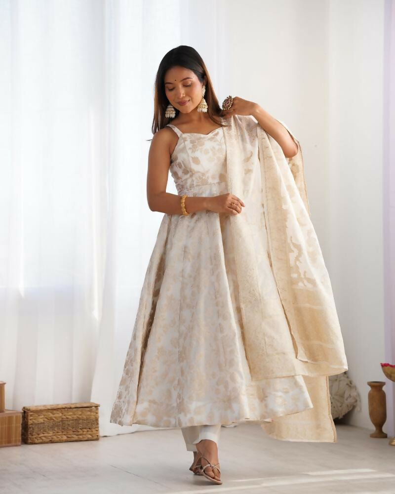 Lehenga Mart Designer Anarkali Suit With Kurta, Pant, Dupatta For Women-Off White | Grocsy
