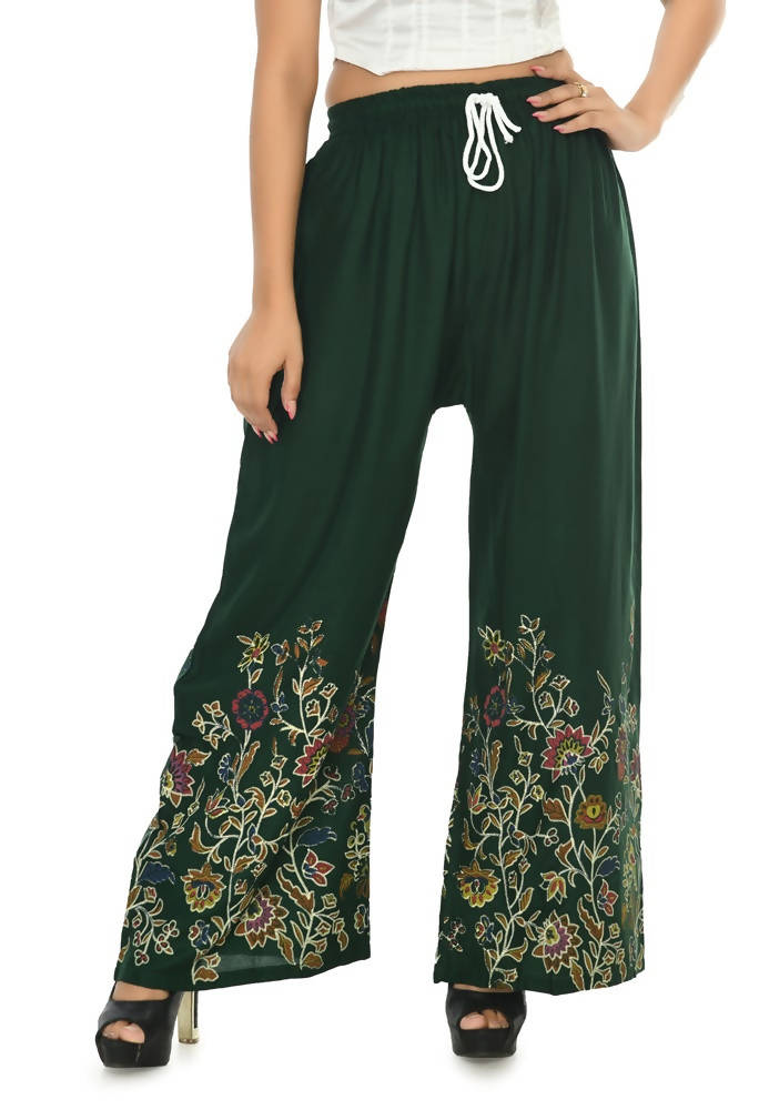 Mominos Fashion Moeza Reyon Cotton Bottle Green Floral Palazzo | Grocsy