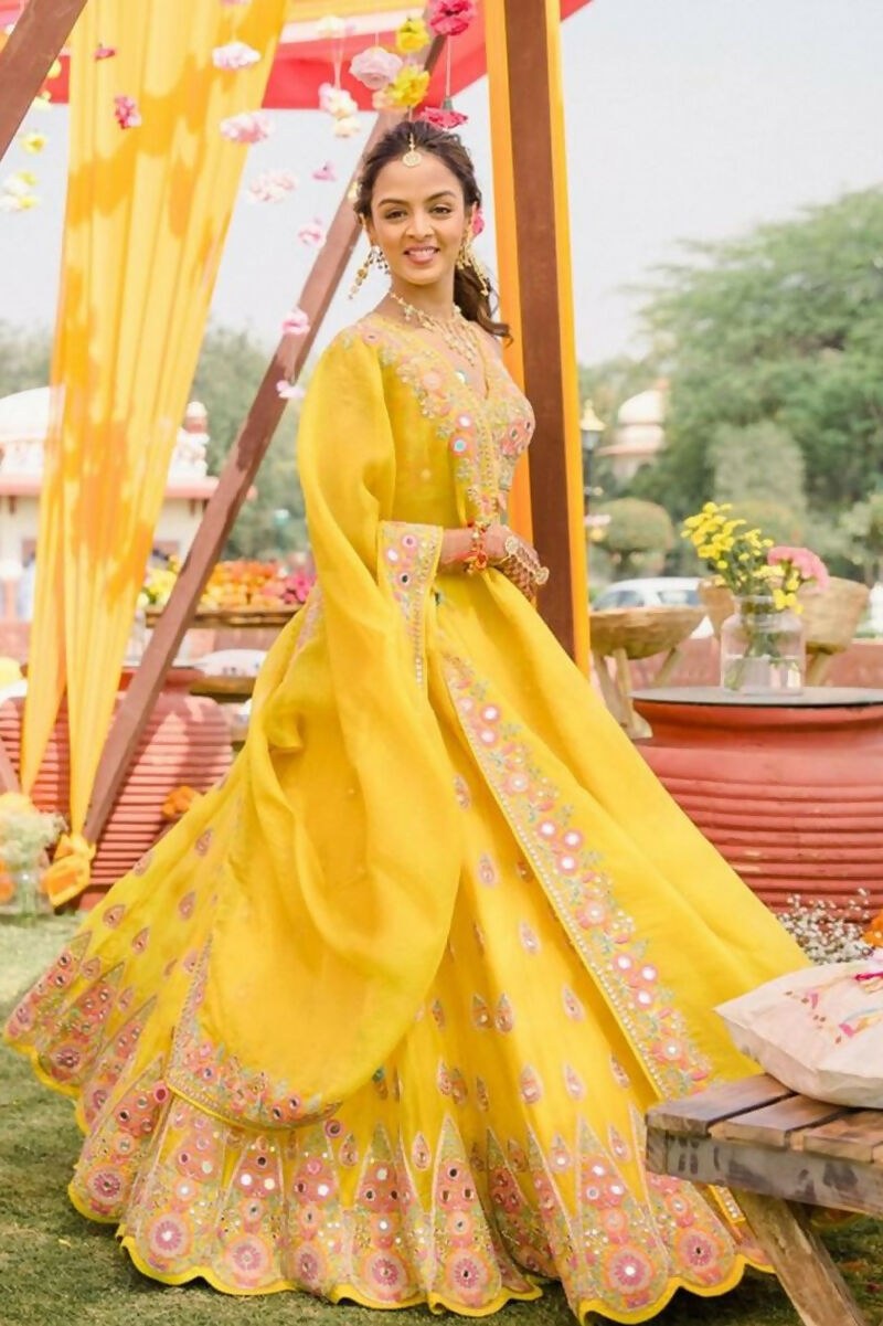 Jyoti Fashion Yellow Thread with Mirror Embroidery Georgette Lehenga Choli with Dupatta | Grocsy