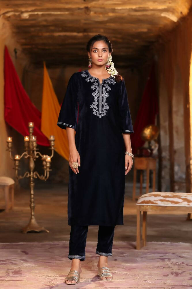 Juniper Women Navy Velvet Embroidered Straight Kurta Sets | Grocsy