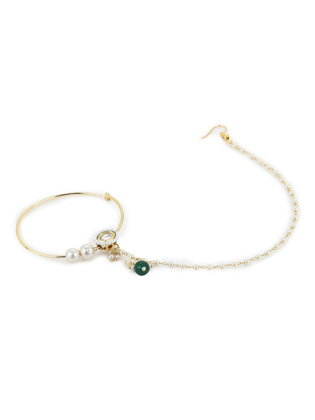Gold-Polished White Green Kundan-Studded Pearl Beaded Nosepin - Ruby Raang | Grocsy